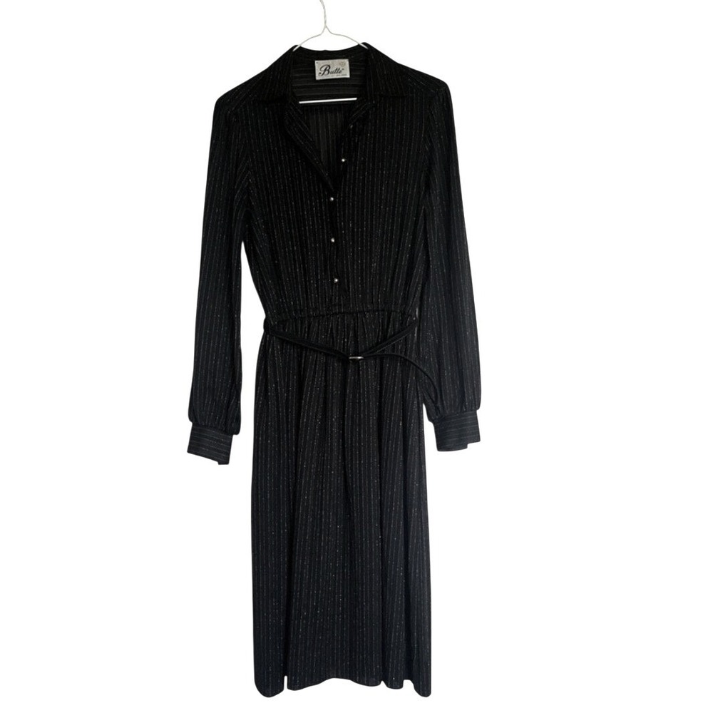 Vintage Butte Black Gold Pinstripe Belted Midi Shirt Dress Women's Small